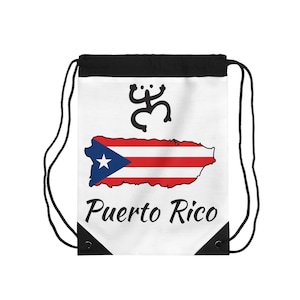 Puerto Rico Island Flag with Coqui Taino White Drawstring Bag, Gym Sack, Travel Tote, Casual Backpack