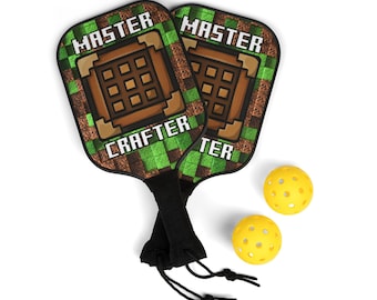 Minecraft Inspired Master Crafter Crafting Table with Pixel Background Pickleball Paddle Set
