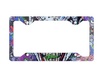 Logo The Joker avec cadre de plaque d'immatriculation en métal inspiré de la bande dessinée Joker en arrière-plan