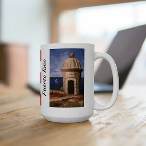 Castillo San Felipe del Morro Old San Juan on Right Side & Puerto Rico Flag on Left Side Ceramic Mug 15oz - Original Artwork