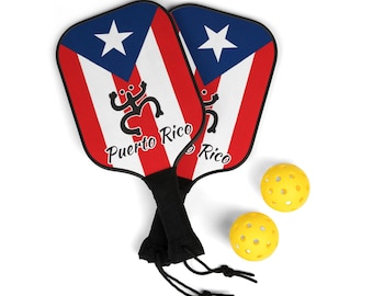 Drapeau Porto Rico avec Coqui Taino en lettres noires, ensemble de pagaie de pickleball - Design original