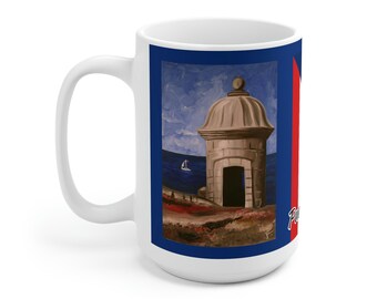 Mug en céramique Castillo San Felipe del Morro Vieux San Juan et drapeau de Porto Rico 15 oz - Oeuvres d'art originales