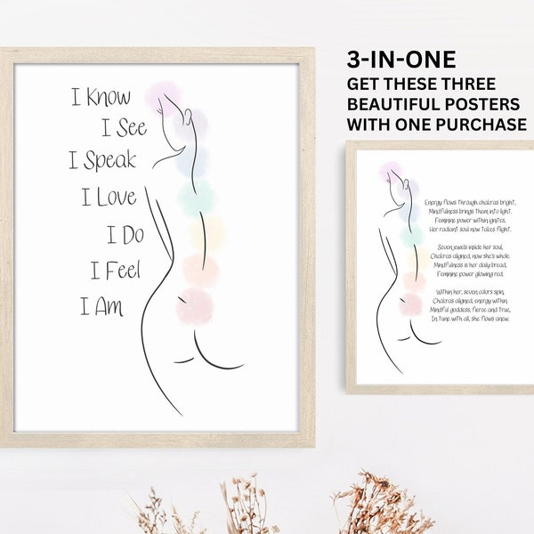 Chakra Affirmations Poster, Instant Downloadable Chakra Femininity Poem, Chakra Silhouette Poster, Yoga Wall Art Printable, 7 Chakras Poster