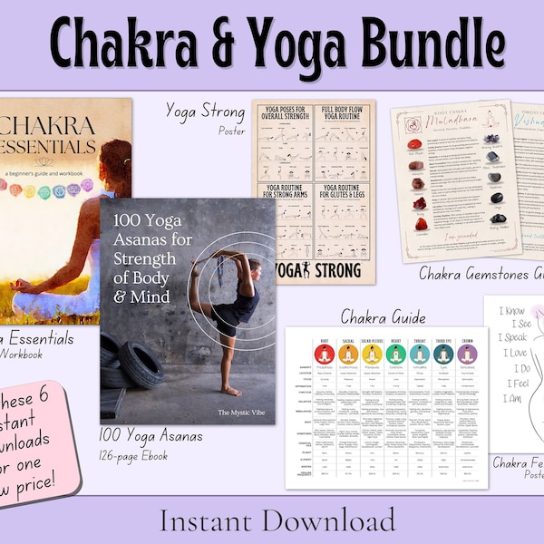 Chakra & Yoga Essentials Bundle, Instant Download, Chakra Essentials Workbook, Yoga Poses Ebook, Chakra Guide Poster, Yoga Poses Wall Art