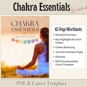 Chakragids en werkboek, Chakra Essentials: een beginnershandleiding voor de 7 chakra's, direct downloaden, PDF- en Canva-sjabloon, Chakra Journal