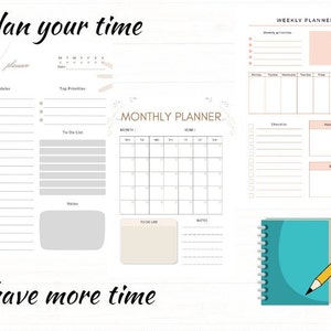 Puede incluir: Una página de planificador imprimible con un fondo blanco y una textura de grano de madera. La página está dividida en secciones para la planificación diaria, semanal y mensual. La página incluye secciones para horarios, prioridades principales, listas de tareas, notas, prioridades semanales, listas de verificación, citas y recordatorios. La página también incluye un calendario, un registro de alimentos y una sección de notas. La página está decorada con ilustraciones florales y el texto "Planifica tu tiempo para tener más tiempo".