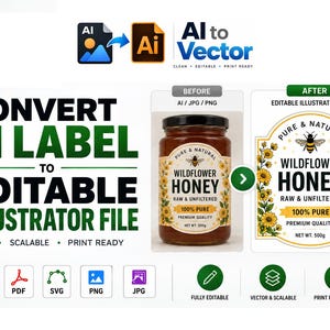 Puede incluir: Un gráfico digital que demuestra un servicio para convertir una etiqueta AI en un archivo de Illustrator editable. Muestra un frasco de miel de flores silvestres con la etiqueta Pure & Natural, Raw & Unfiltered, 100% Pure, Premium Quality, Net Wt. 500g.