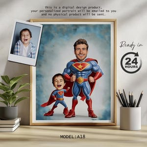 Portrait de dessin animé de super-héros père et fils unique cadeau personnalisé - art du portrait personnalisé, cadeau pour un anniversaire, la fête des pères ou tout autre cadeau