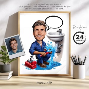 Custom Plumber Caricature Gift – Funny Printable Portrait with Your Face – Husband, Dad, Him, Coworker Present