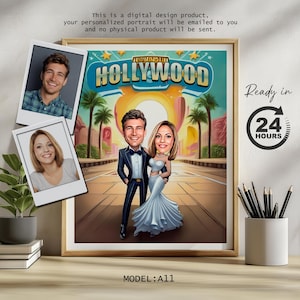 Custom Caricature Portrait, Hollywood Theme, Digital Couple Gift, Personalized Funny Art, Bride and Groom, Unique Decor, Custom Cartoon Draw
