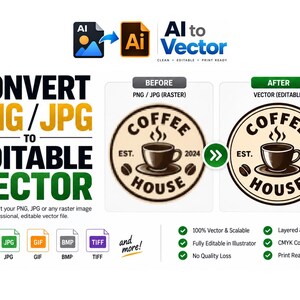 Può includere: Un grafico digitale che mostra la conversione di un logo raster di una caffetteria in un file vettoriale modificabile. L'immagine mostra un confronto prima e dopo di un logo circolare con una tazza di caffè, il testo COFFEE HOUSE e EST. 2024.