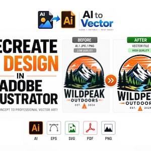 May include: A graphic design service showing a before and after comparison of a mountain landscape logo with the text WILDPEAK OUTDOORS EST. 2024. The image displays file format icons including AI, EPS, SVG, PDF, and PNG for vector conversion.