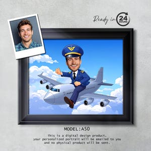 Retrato de caricatura de piloto personalizado: divertido dibujo de avión con tu cara. Regalo para piloto, aviador, capitán. Arte imprimible para hombre o mujer.
