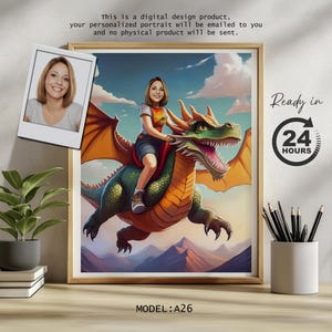 Girl Riding Dragon, personalized cartoon, Custom Portrait from Photo, Digital Illustration, Birthday Gift, t-rex dinosaur, birthday gift