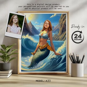 Retrato de sirena, caricatura personalizada, regalo de foto a caricatura, ilustración digital, regalo de cumpleaños para niños, retrato de sirena, regalo de cumpleaños para niños