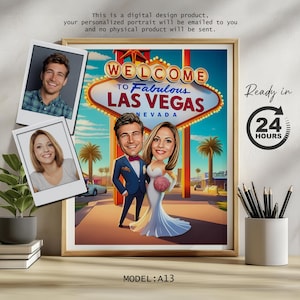 Custom Caricature Portrait, Las Vegas Theme, Digital Couple Gift, Personalized Funny Art, Bride and Groom, Unique Decor, Custom Cartoon Draw