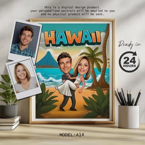 Custom Caricature Portrait, Havaii Theme, Digital Couple Gift, Personalized Funny Art, Bride and Groom, Unique Decor, Custom Cartoon Drawing