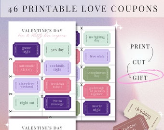 46 Fun & flirty Love Coupons, Printable Love Coupons, 20 Bonus Customizable Love Coupons, Anniversary Gift, Sexy Coupons for Him
