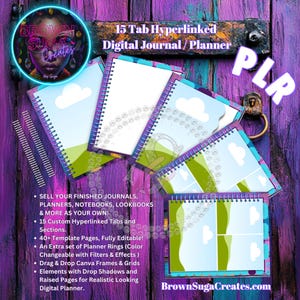 Peut inclure: Un planificateur numérique avec 15 onglets hyperliés et plus de 40 pages de modèles modifiables. Le planificateur présente un design coloré avec des nuages, des collines et une reliure spirale. Le texte "PLR" est dans le coin supérieur droit de l'image. Le texte "Brown Suga Creates" est dans le coin inférieur droit de l'image.