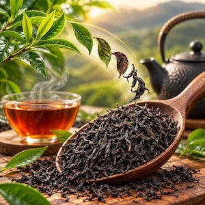 May include: A wooden spoon filled with dark, dried tea leaves, positioned near a glass cup of amber-coloured tea and a black cast iron teapot. Fresh green tea leaves are visible on the branch above, with some dried leaves floating in the air.