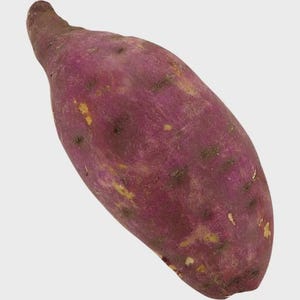 May include: A single, elongated sweet potato with a deep purple skin. The skin has a slightly rough texture with small, irregular spots of brown and yellow. The shape is tapered at one end and rounded at the other, suggesting a fresh harvest.