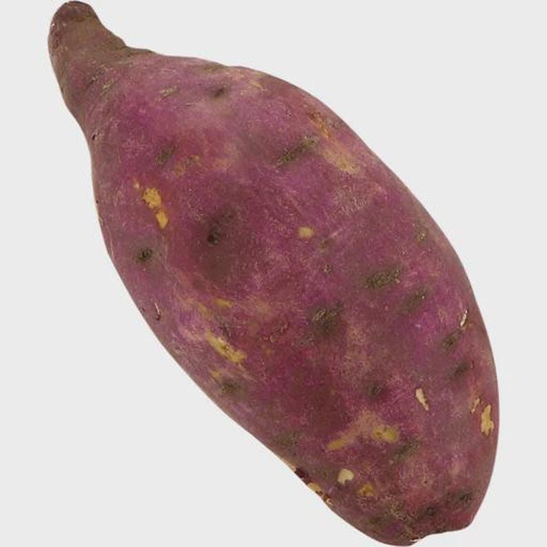 May include: A single, elongated sweet potato with a deep purple skin. The skin has a slightly rough texture with small, irregular spots of brown and yellow. The shape is tapered at one end and rounded at the other, suggesting a fresh harvest.