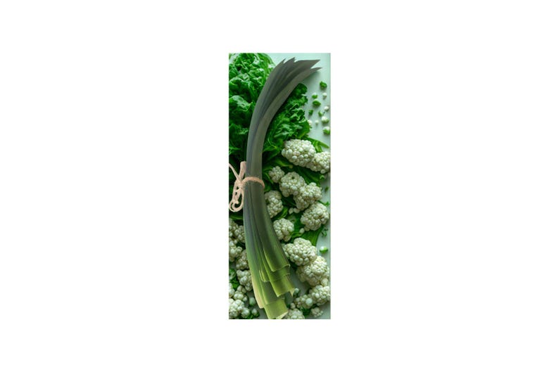 Peut inclure: Composition verticale de l&eacute;gumes frais. Un bouquet de poireaux verts, nou&eacute; avec de la ficelle, est au centre, entour&eacute; de fleurons de chou-fleur et de l&eacute;gumes-feuilles. L'image a une esth&eacute;tique lumineuse et naturelle, sugg&eacute;rant une alimentation saine.