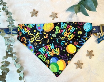Animal de festa – Bandana de cachorro – Sobre a coleira – Bolsa de guloseimas de gato – Personalizada – Dupla face – Lenço de aniversário de cachorro