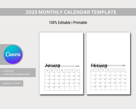 Editable Calendar Template 100% Printable Calendar Template 2023 Calendar  Canva Template - Etsy