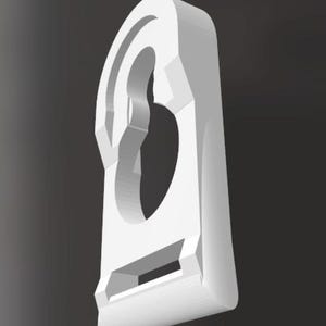 May include: White plastic hook with a rounded top and a rectangular slot in the bottom. The hook is designed to hang items on a wall or other surface.