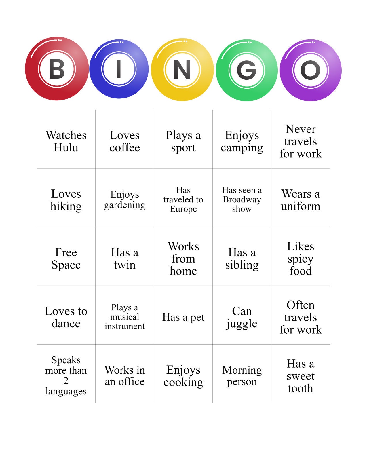 ICEBREAKER / NETWORKING BINGO Card digital Download/ Print at Home 4.25