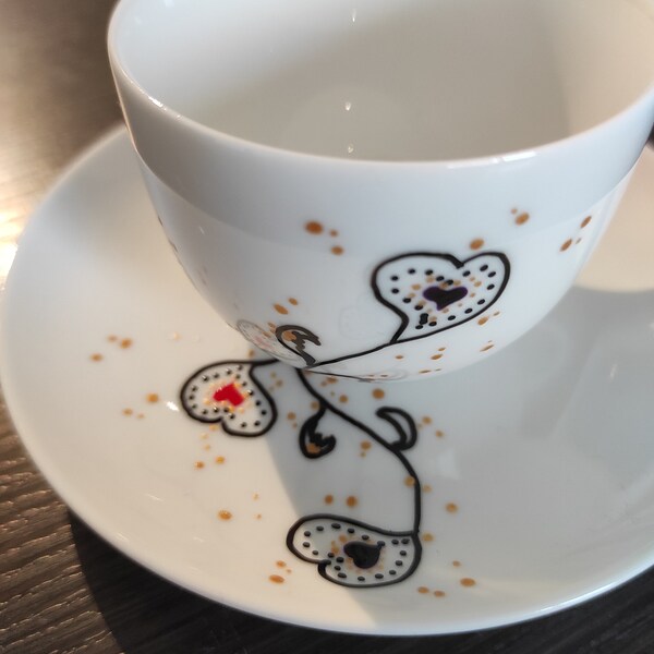 Service à café 8 pièces en porcelaine peint à la main motif fleurs et cœurs