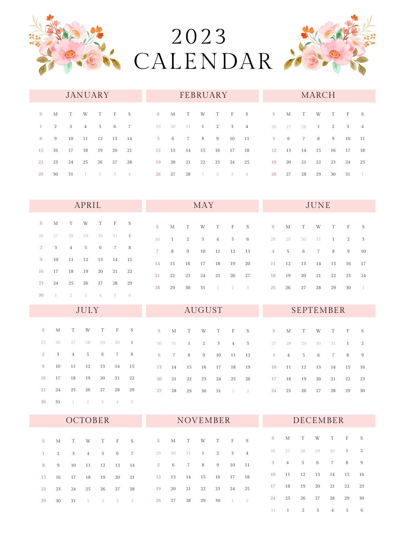 A4 2023 12 Month Calander - Print at Home PDF - Etsy