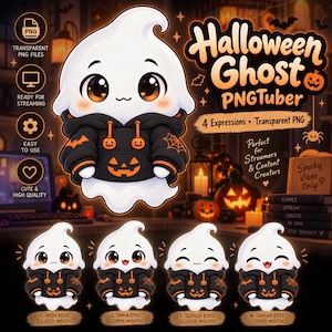 Puede incluir: Una ilustración digital de un personaje fantasma blanco que lleva una sudadera negra con capucha con detalles de calabaza y telaraña en naranja. El conjunto incluye cuatro variaciones del fantasma con diferentes expresiones faciales, numeradas del 1 al 4, con ojos y bocas abiertos o cerrados, presentadas como archivos PNG transparentes para streaming.