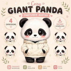 Op de afbeelding: Een digitale illustratie van een reuzenpanda in een beige hoodie, met vier verschillende gezichtsuitdrukkingen in cirkelvormige kaders. De tekst luidt Cozy GIANT PANDA PNGTUBER AVATAR, 4 EXPRESSIONS en INSTANT DOWNLOAD.