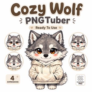 May include: A digital character asset set titled Cozy Wolf PNGTuber featuring a central illustration of a grey and white wolf wearing a beige hoodie. The set includes four circular icons showing the wolf with different facial expressions and text.