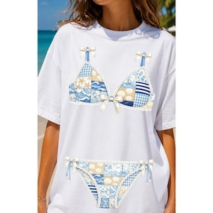 Patchwork bikiniset png boven- en onderkant, zeeschelp zeester nautisch strandshirt, kustgolfbadpak digitale download