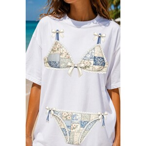 Toile patchwork bikini png-set, kust bloemen strand shirt ontwerp digitale download, nautisch badpak DTF-afdrukbestand
