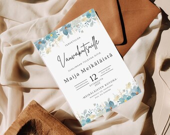 Vauvakutsujen kutsukortti Muokattava vaaleansininen kutsukorttipohja Baby Shower -kutsuille Tulostettava muokattava Canva-korttipohja