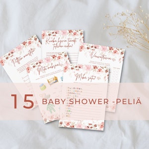 Baby Shower -pelit 15kpl baby pink, Babyshower ohjelmaa, Vauvakutsujen ohjelma, Vauvakutsut ohjelmaa, Canva-pohja, HETI LADATTAVISSA