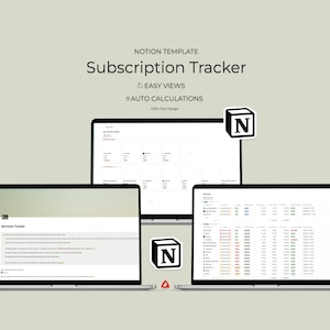 May include: A screenshot of a Notion template for a subscription tracker. The template is displayed on three laptop screens. The template includes a table with columns for subscription name, cost, frequency, and next payment date. The template also includes a section for notes and a section for tracking subscription renewals.