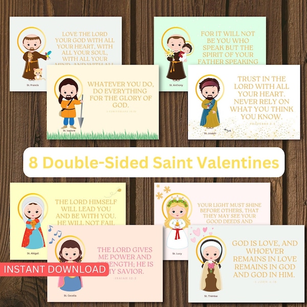 Digital Catholic Saint Valentines; St. Valentine’s Day Cards; Printable Catholic Teacher, Kids, Homeschool, Classroom, School Valentines