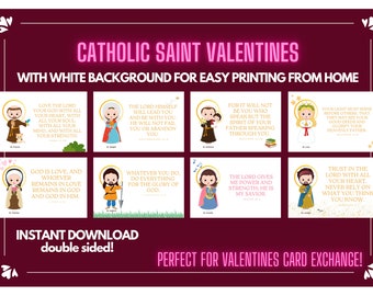 Printable Catholic Saint Valentines with white background for easy printing; St. Valentine’s Day Cards; Catholic Teacher and Kids Valentines