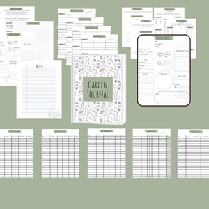 Op de afbeelding: Een printbaar tuinjournaal met pagina's voor planning, notities, plantprofielen en het starten van zaden. De omslag heeft een zwart-witte illustratie van tuingereedschap en planten.