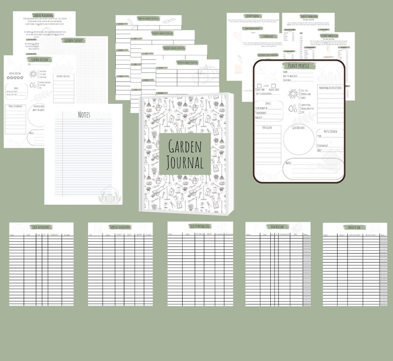 Op de afbeelding: Een printbaar tuinjournaal met pagina's voor planning, notities, plantprofielen en het starten van zaden. De omslag heeft een zwart-witte illustratie van tuingereedschap en planten.