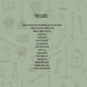 Op de afbeelding: Een printbare tuinplanner met een lijst met functies, waaronder een tuinplanningspagina, een pagina om uw tuinontwerp te ontwerpen, maandelijkse tuin-to-do-lijsten, plantenprofiel, zaadvoorraad, benodigdhedeninventaris, zaadstartlogboek, zaad-/leveranciersbeoordeling, oogstlogboek, tuinkosten, directe zaailijst, transplantatielijst, binnenzaaigids, buitenzaaigids en seizoensoverzicht.