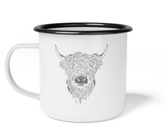 Highland Cow Enamel Camp Cup, Coffee Cup, Highland cow lovers gift, gift for her and him, mothers day gift, fathers day gift, farmer gift