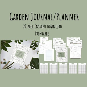 Op de afbeelding: Printbare tuinjournal en -planner met 20 pagina's. De omslag heeft een witte achtergrond met een zwart-witte illustratie van tuingereedschap en planten. De tekst "GARDEN JOURNAL" is in zwart gedrukt.