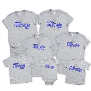 Customizable Sports Shirts. Proud Mustang Shirts. Available in Adult and Kids sizes in Unisex T-Shirts, Crewneck Sweatshirts and Hoodies