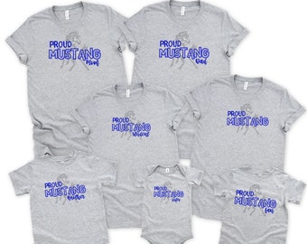 Customizable Sports Shirts. Proud Mustang Shirts. Available in Adult and Kids sizes in Unisex T-Shirts, Crewneck Sweatshirts and Hoodies